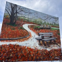 New York City Central Battery Park Bench in Fall Oil Painting OOAK Sign❤️gsc10m6