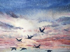DUCKS FLYING CLOUDY SKY Original Art Painting Landscape GEESE FLYING Seascape A4
