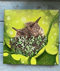 Artist’s Original Painting “Baby Hummingbirds in Nest” Acrylics 6” X 6” X .5”