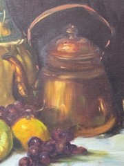 Vintage Still Life Original Oil Painting Wine Fruit Glass Kettle Realism Ornate