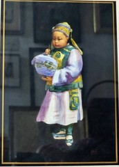 Orig Signed Watercolor by Esther Hunt: Chinese Girl Lighting a Lantern c 1901/05