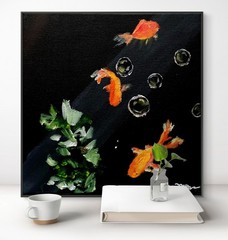 Mary Myers Original Goldfish Bubbles 10×10 Acrylic Signed Expressionist Wildlife