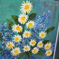 Framed MCM Art Wild Flowers Daisies in Blue Vase Acrylic on Canvas 20.5 x 16.5
