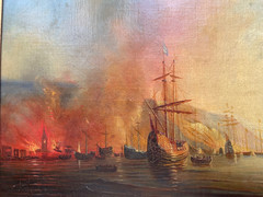 19th Theodore GUDIN – Antique Old Master Oil – Fire by the Coast – Boat and Ship