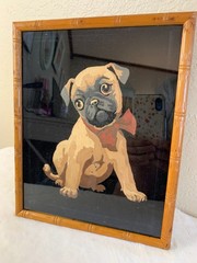 Rare Vintage Paint by Number Pug Puppy Red Bow on Black Velvet Collectible