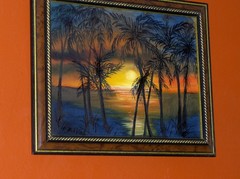 Lake Landscape Sunset Reflections Sea shore Palm Trees by Water Oil Painting