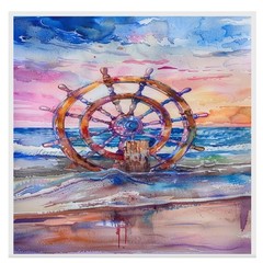Watercolor Painting of Nautical Ship Wheel on Ocean Shore with Colorful Sunset