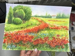 Original Watercolor Painting Landscape poppy field Provence farm red flowers A4