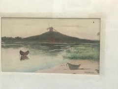 ANTIQUE WATERCOLOR SEASCAPE PAINTING W.D. PARISH FARRIS WINDMILL CAPE COD