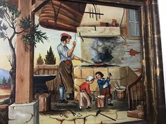 Antique Folk Art Oil/Wood Panel Blacksmith With Town in Background