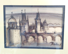 Framed Under Glass Watercolor of The Charles Bridge Prague Signed Blue Frame