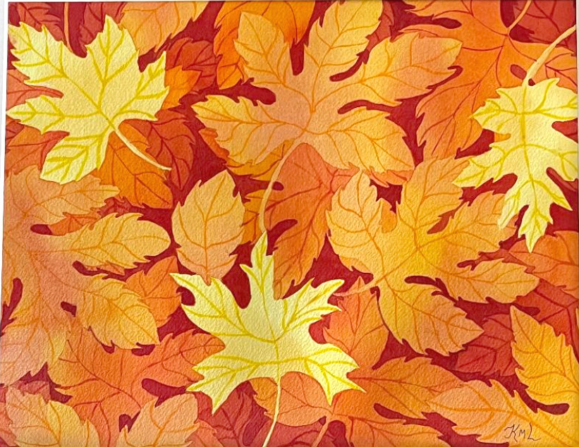 PAINTING WATERCOLOR ORGINAL ART LEAVES AUTUMN FALL ORANGE YELLOW 11X14 MAT 16X20