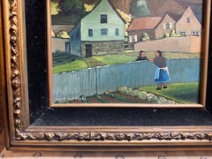 Robert Peet Hooks Signed Oil Painting Village Woman Houses Folk Art Framed 15×13