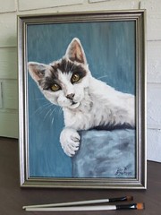 Cat Painting Pet Original Art Cat Green Eyes Oil Artwork 12 by 8 Animal Art.