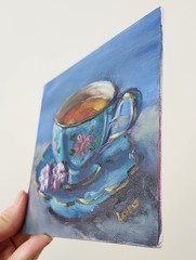 Blue Cup and Saucer with Tea Original Oil Painting 6×6 OOAK Signed Still Life