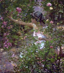 Oil painting beautiful young girl with Amidst the Roses flowers in spring canvas