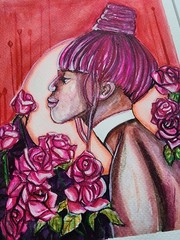 Original painting acrylic 11 x 14 of black woman among roses art by CRC