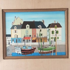 Vtg 60s Lilian Latal Oil On Masonite Board Seaport Town Naive Folk Art Framed