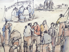 Aquarell Undeutlich Signiert – Teuer Gerahmt Personen Am Strand Menschen Arbeit