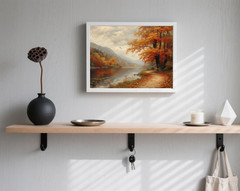 Vintage Fall Landscape Wall Art – Rustic Autumn Forest Oil Painting Print – Coun