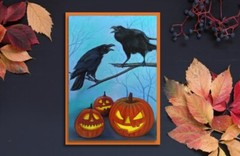 Original pastel painting 8х11″ Raven Crow Black Bird with pumpkin mistical art