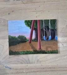 Aceo Original Art Card Swing Set Color Nostalgic Summer Sunset Sarah Hinzpeter