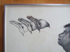 Surrealist Charcoal Drawing, Aqua, Artist Schwilgue, Original Unique
