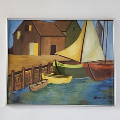 Vintage Mid-Century Oil Painting Harbor Scene Sailboats Nautical MCM Signed Art