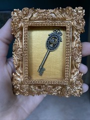 Metal Key In Gold Frame Original,3/3,5 miniature,small,gold,framed