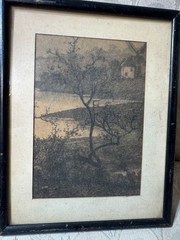 Vintage Framed Original Monochrome Landscape Drawing Trees Lake Cottage Scene