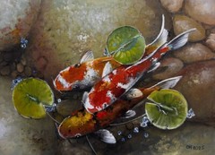 Original Oil Painting Koi Fish Pond Water Lilies Hand-painted Art 18×24 cm