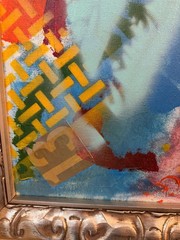 Large Vibrant Abstract Mixed Media Painting on Canvas in Ornate Silver Frame