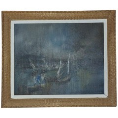 Oil Painting by Charles Obas Haitian 1927-1968 Nocturne Harbor Scene Untitled