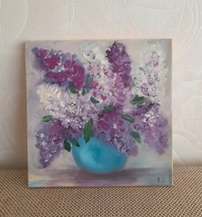 lilac original oil painting, bouquet of lilac in vase art, flower painting art