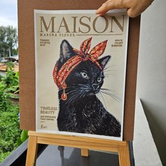 Bombay Cat Portrait Painting Black Feline Fashion Illustration Original Acrylic