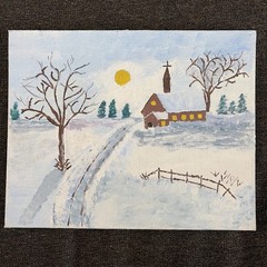 Vintage Folk Art Painting 8×10″ Winter Church Landscape