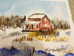 Watercolor painting ORIGINAL Art FARM HOUSE WINTER SCENE 7 x 11″