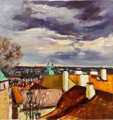 Original oil painting Old Prague Cityscape Roofs Urban Modern wall art Canvas