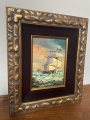 VTG Sign-Seascape Oil Wood Panel Painting Gilt Wood Frame Burgundy Velvet Liner