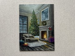 Christmas Fireplace Original Oil Painting, Cozy Holiday Room, Glowing Tree Art