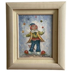 William Moninet Oil paintings on canvas Juggling Clown White Wood Frame 13”x15”