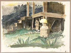 Americana Watercolor 20″ Milk Can & Kettle Rustic Home Farm Porch Scene Lawn MCM