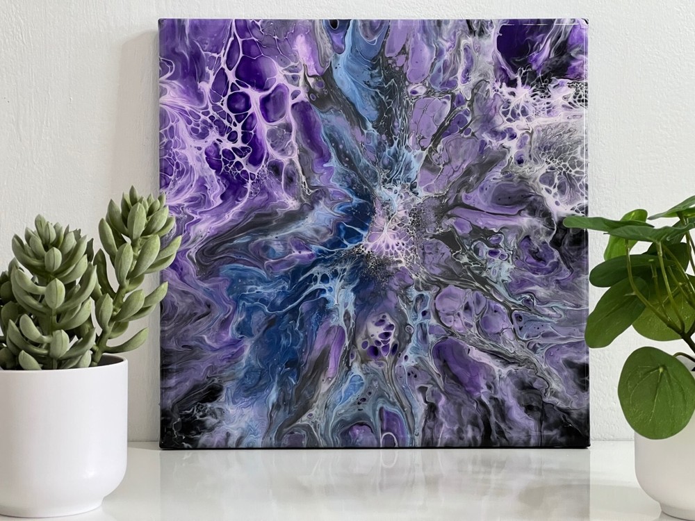 One Of a Kind „Violet Nebula“ Resin Acrylic Art Painting 12″ X 12″ on Canvas
