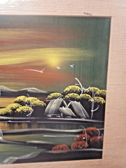 Vintage Asian Painting on Silk / Bamboo Framed w/ Weave Matting Midcentury