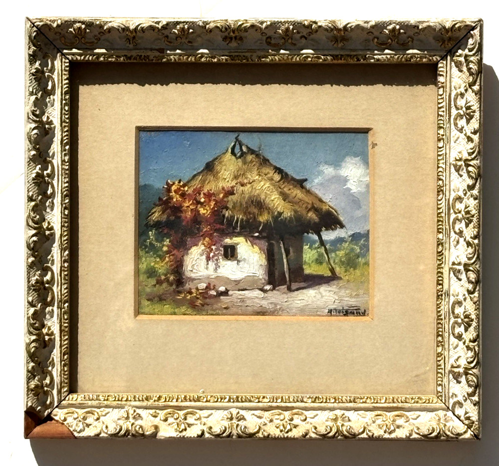 Mihail Teisanu European Romania Artist Cottage Thatched Roof Painting RARE