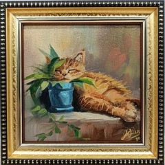 Ginger Cat Original Oil Painting 4×4 Framed Signed Cute Kitten Sleeping Plant Ar