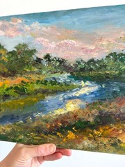 River Landscape Oil Painting Original Impasto Textured canvas Wall art 13×10 in