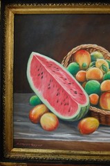 VTG FRAMED SIGNED ORIGINAL OIL TROPICAL FRUITS WITH BASKET ARTIST: ALFREDO REYES