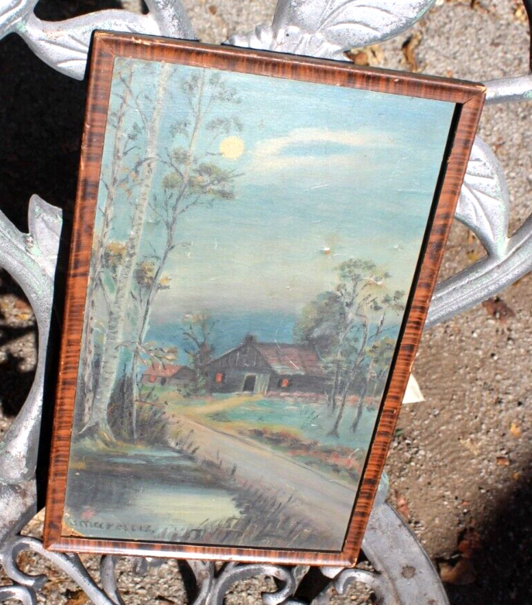 Antique Original Water Color ? Painting Night Scene in Pretty Wood Frame Signed