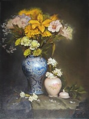 Original Oil Painting Still Life Realism Flower in Chinese Painting Vase 18×24″